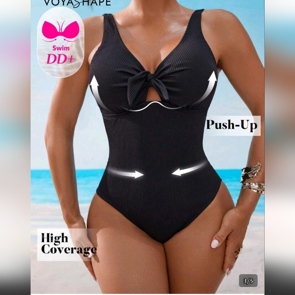 34DD SHEIN Black One-Piece Swimsuit with Front Knot